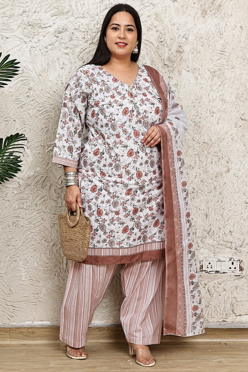 White Cotton Blend Printed Plus Size Ready to Wear Patiala Salwar Suit
