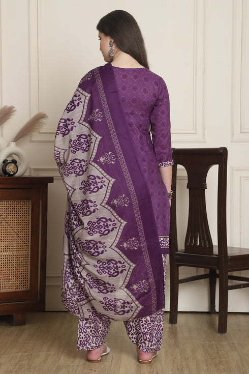 Purple Cotton Blend Printed Ready to Wear Patiala Salwar Suit