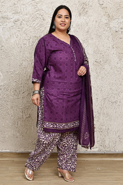 Purple Cotton Blend Printed Plus Size Ready to Wear Patiala Salwar Suit