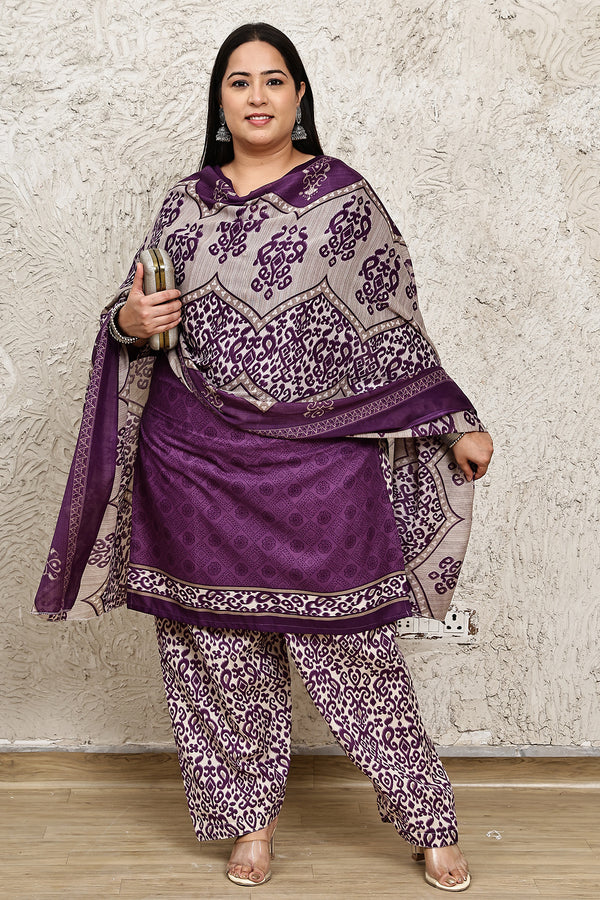 Purple Cotton Blend Printed Plus Size Ready to Wear Patiala Salwar Suit