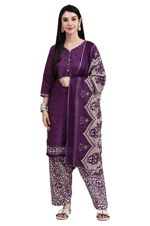Purple Cotton Blend Printed Ready to Wear Patiala Salwar Suit