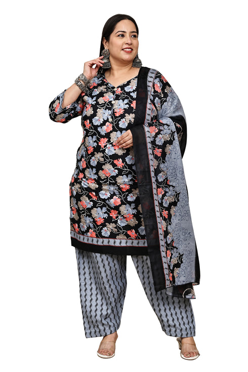 Black Cotton Blend Printed Plus Size Ready to Wear Patiala Salwar Suit