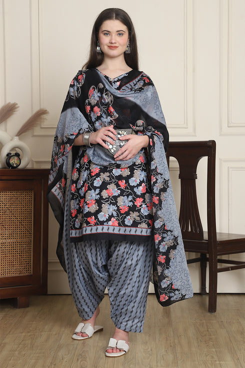 Black Cotton Blend Printed Ready to Wear Patiala Salwar Suit