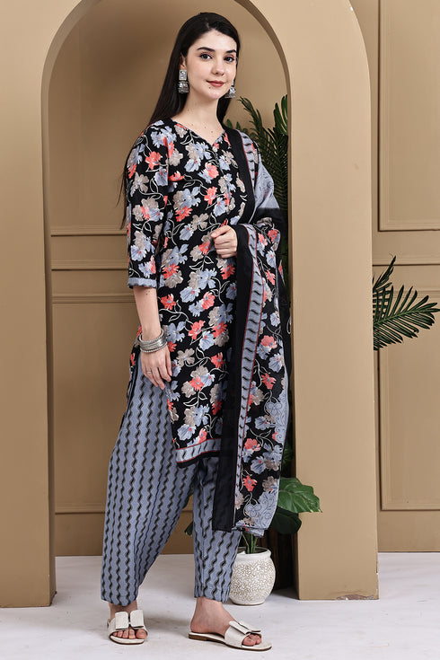Black Cotton Blend Printed Ready to Wear Patiala Salwar Suit