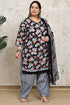Black Cotton Blend Printed Plus Size Ready to Wear Patiala Salwar Suit