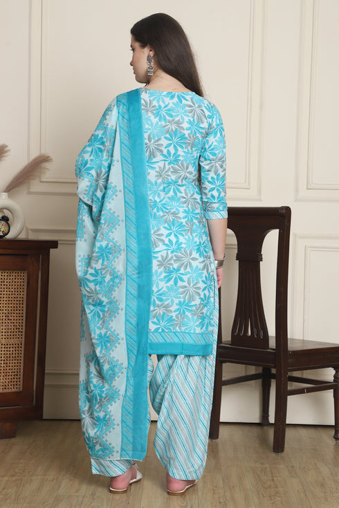 Turquoise & White Cotton Blend Printed Ready to Wear Patiala Salwar Suit