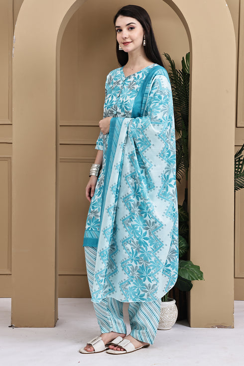 Turquoise & White Cotton Blend Printed Ready to Wear Patiala Salwar Suit
