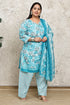 Turquoise & White Cotton Blend Printed Plus Size Ready to Wear Patiala Salwar Suit