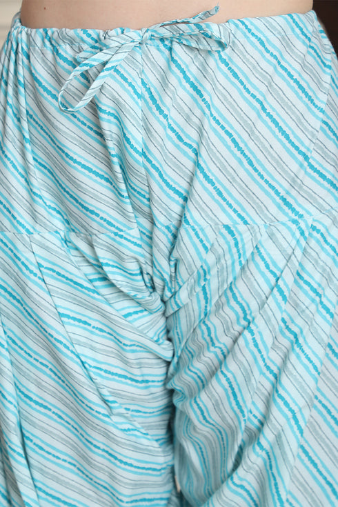 Turquoise & White Cotton Blend Printed Ready to Wear Patiala Salwar Suit