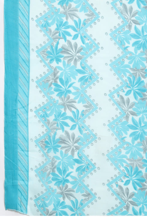Turquoise & White Cotton Blend Printed Ready to Wear Patiala Salwar Suit