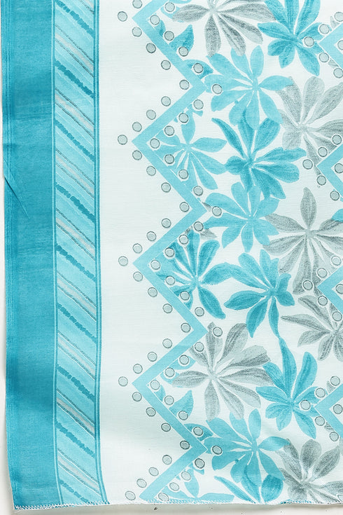 Turquoise & White Cotton Blend Printed Plus Size Ready to Wear Patiala Salwar Suit