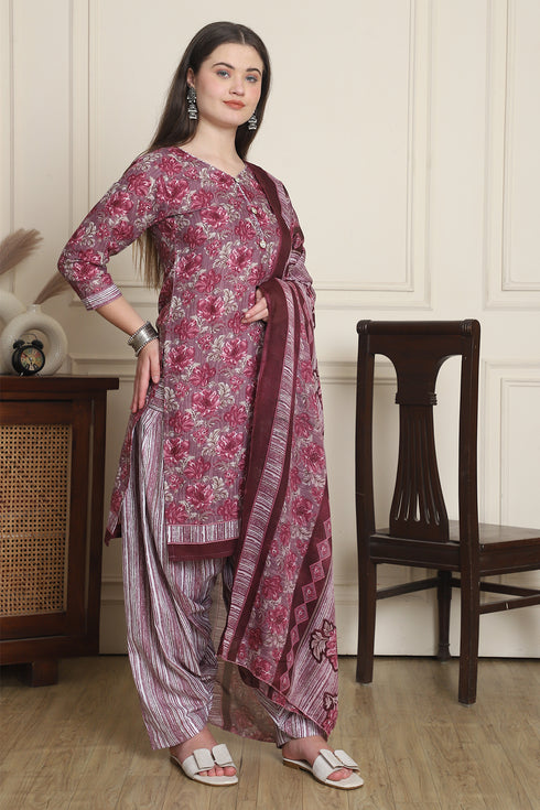 Wine Cotton Blend Printed Ready to Wear Patiala Salwar Suit