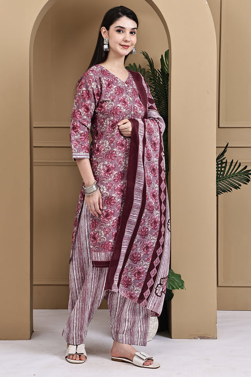 Wine Cotton Blend Printed Ready to Wear Patiala Salwar Suit