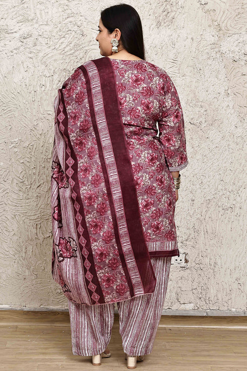 Wine Cotton Blend Printed Plus Size Ready to Wear Patiala Salwar Suit