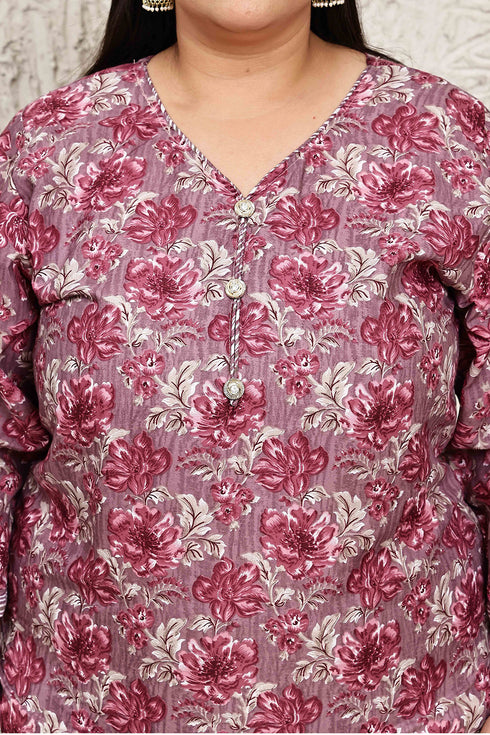 Wine Cotton Blend Printed Plus Size Ready to Wear Patiala Salwar Suit