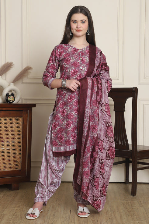 Wine Cotton Blend Printed Ready to Wear Patiala Salwar Suit