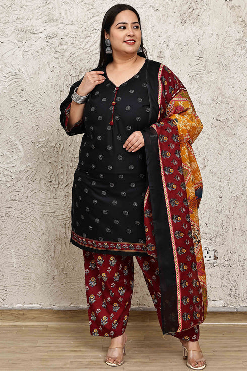 Black Cotton Blend Printed Plus Size Ready to Wear Patiala Salwar Suit