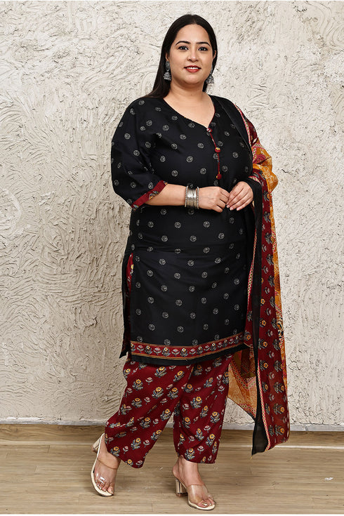 Black Cotton Blend Printed Plus Size Ready to Wear Patiala Salwar Suit