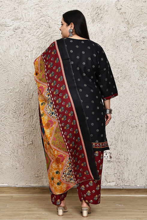 Black Cotton Blend Printed Plus Size Ready to Wear Patiala Salwar Suit