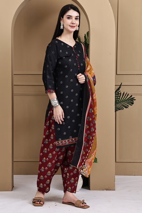 Black Cotton Blend Printed Ready to Wear Patiala Salwar Suit