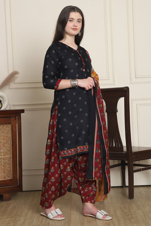 Black Cotton Blend Printed Ready to Wear Patiala Salwar Suit