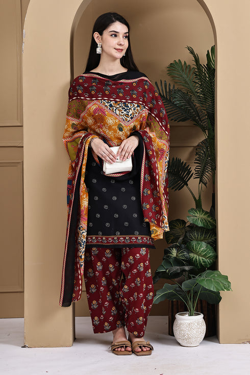 Black Cotton Blend Printed Ready to Wear Patiala Salwar Suit