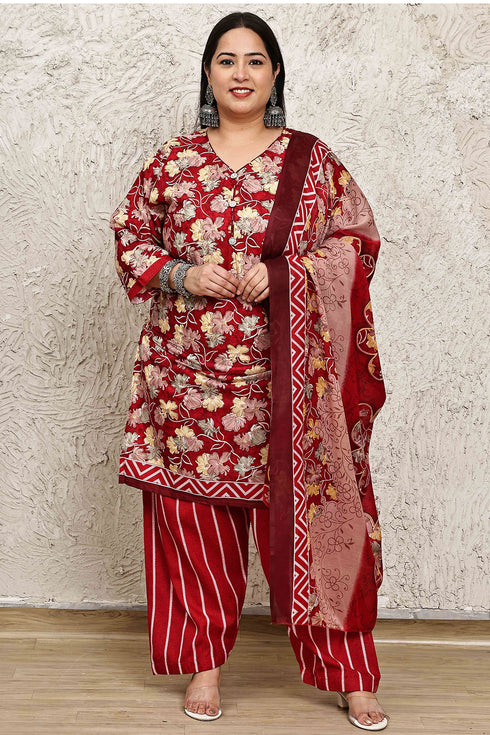 Red Cotton Blend Printed Plus Size Ready to Wear Patiala Salwar Suit