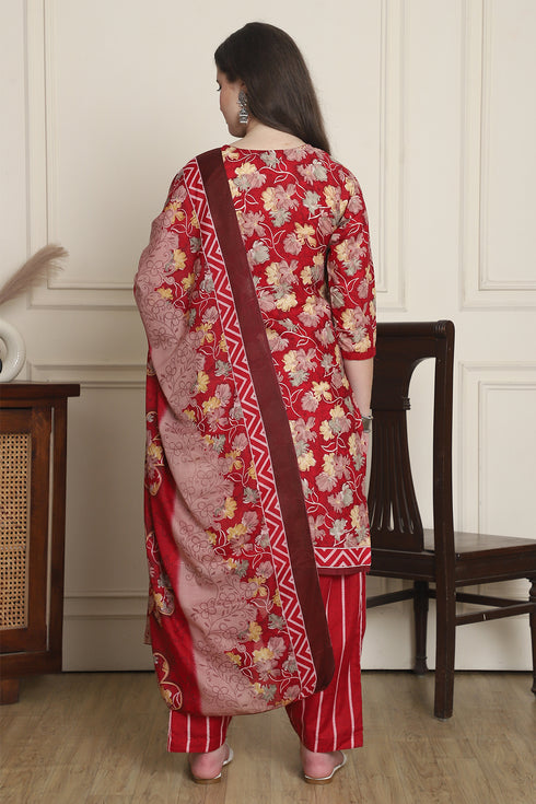 Red Cotton Blend Printed Ready to Wear Patiala Salwar Suit