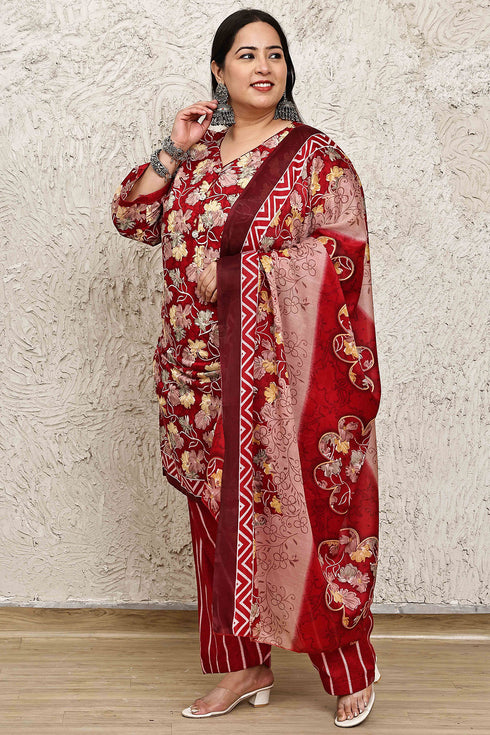 Red Cotton Blend Printed Plus Size Ready to Wear Patiala Salwar Suit