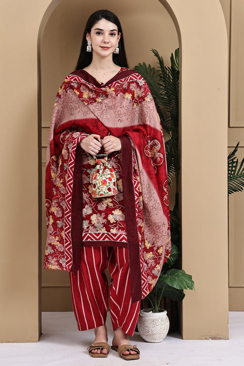 Red Cotton Blend Printed Ready to Wear Patiala Salwar Suit
