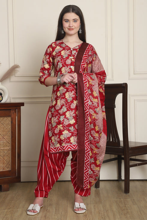 Red Cotton Blend Printed Ready to Wear Patiala Salwar Suit