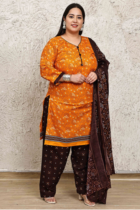 Orange Cotton Blend Printed Plus Size Ready to Wear Patiala Salwar Suit