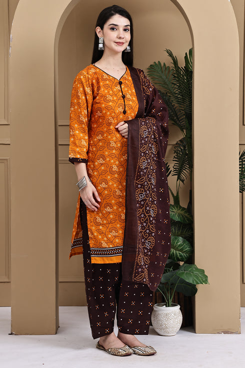 Orange Cotton Blend Printed Ready to Wear Patiala Salwar Suit