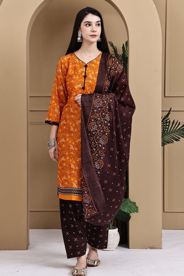 Orange Cotton Blend Printed Ready to Wear Patiala Salwar Suit