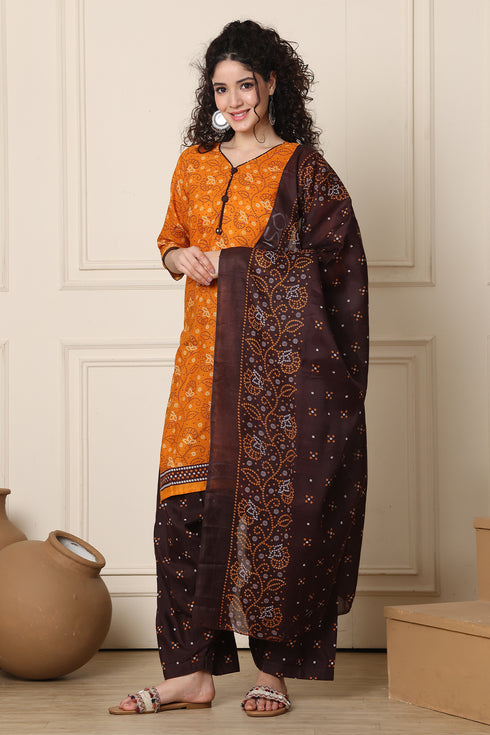 Orange Cotton Blend Printed Ready to Wear Patiala Salwar Suit