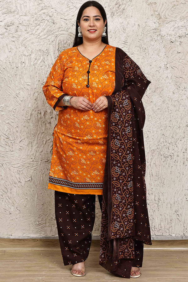 Orange Cotton Blend Printed Plus Size Ready to Wear Patiala Salwar Suit