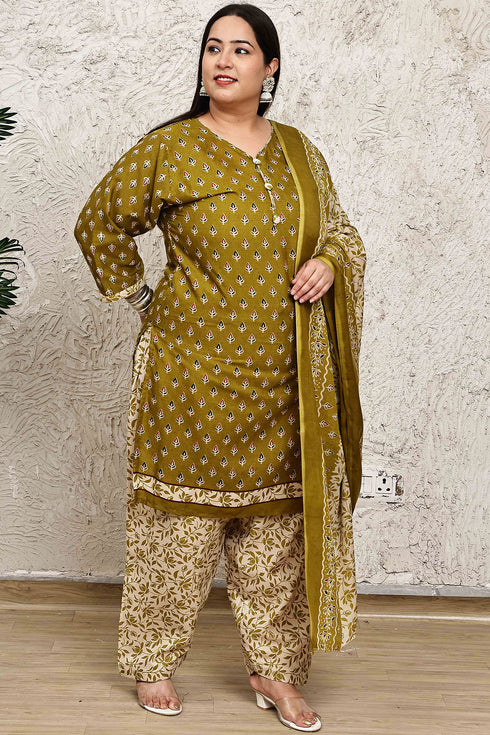 Green Cotton Blend Printed Plus Size Ready to Wear Patiala Salwar Suit