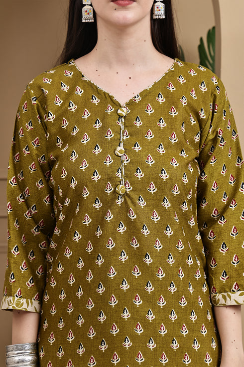 Green Cotton Blend Printed Ready to Wear Patiala Salwar Suit