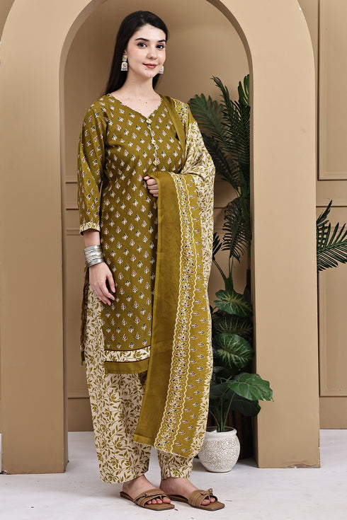 Green Cotton Blend Printed Ready to Wear Patiala Salwar Suit