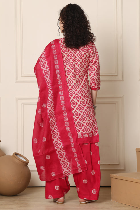 Beige & Pink Cotton Blend Printed Ready to Wear Patiala Salwar Suit