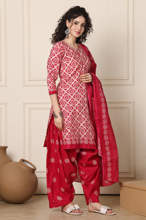 Beige & Pink Cotton Blend Printed Ready to Wear Patiala Salwar Suit