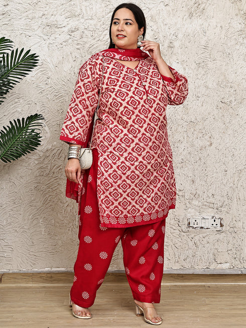 Beige & Pink Cotton Blend Printed Plus Size Ready to Wear Patiala Salwar Suit