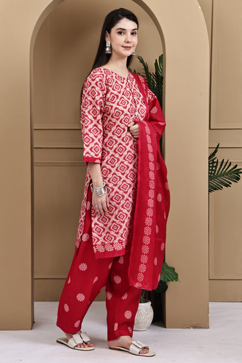 Beige & Pink Cotton Blend Printed Ready to Wear Patiala Salwar Suit