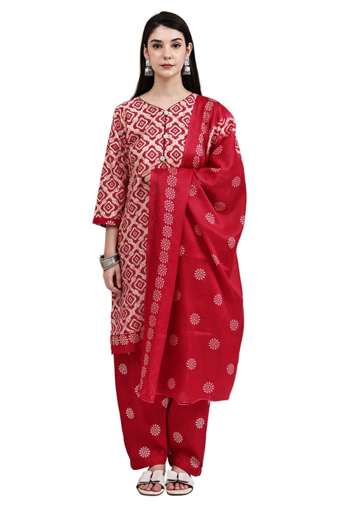 Beige & Pink Cotton Blend Printed Ready to Wear Patiala Salwar Suit