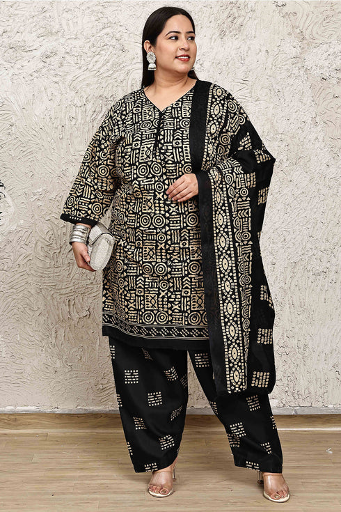 Beige & Black Cotton Blend Printed Plus Size Ready to Wear Patiala Salwar Suit
