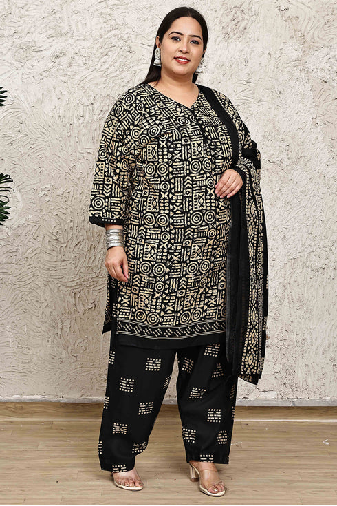 Beige & Black Cotton Blend Printed Plus Size Ready to Wear Patiala Salwar Suit