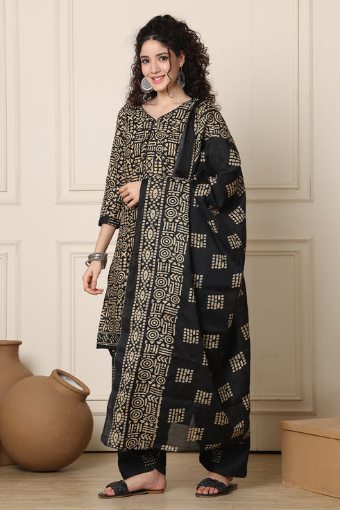 Beige & Black Cotton Blend Printed Ready to Wear Patiala Salwar Suit