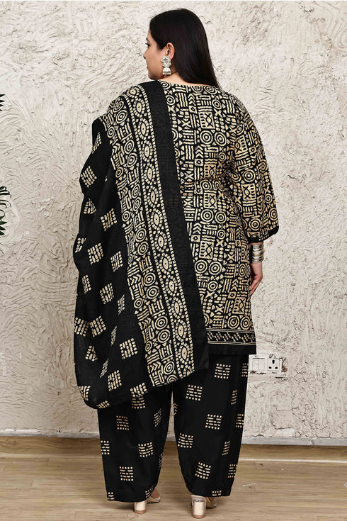 Beige & Black Cotton Blend Printed Plus Size Ready to Wear Patiala Salwar Suit