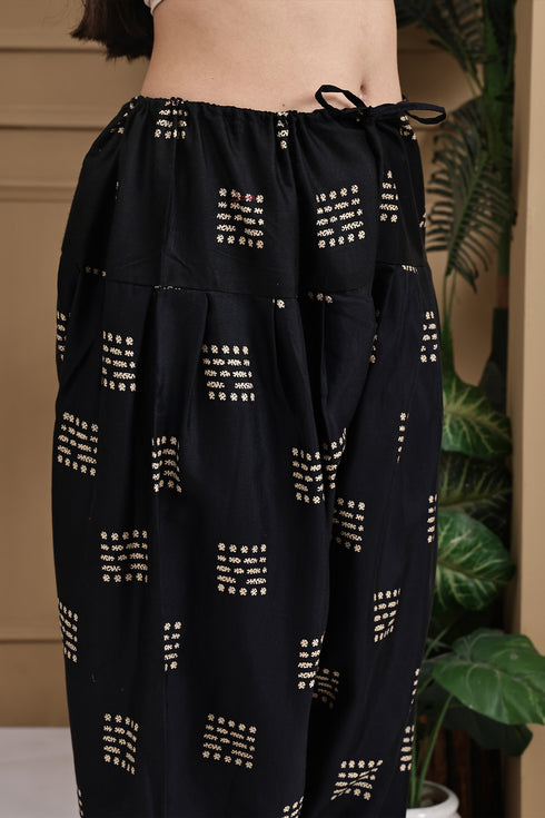 Beige & Black Cotton Blend Printed Ready to Wear Patiala Salwar Suit
