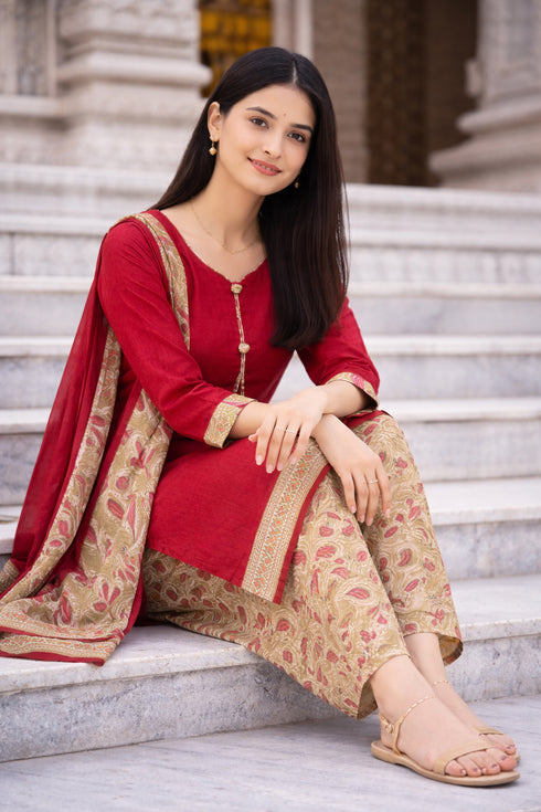 Maroon Cotton Blend Printed Ready to Wear Patiala Salwar Suit